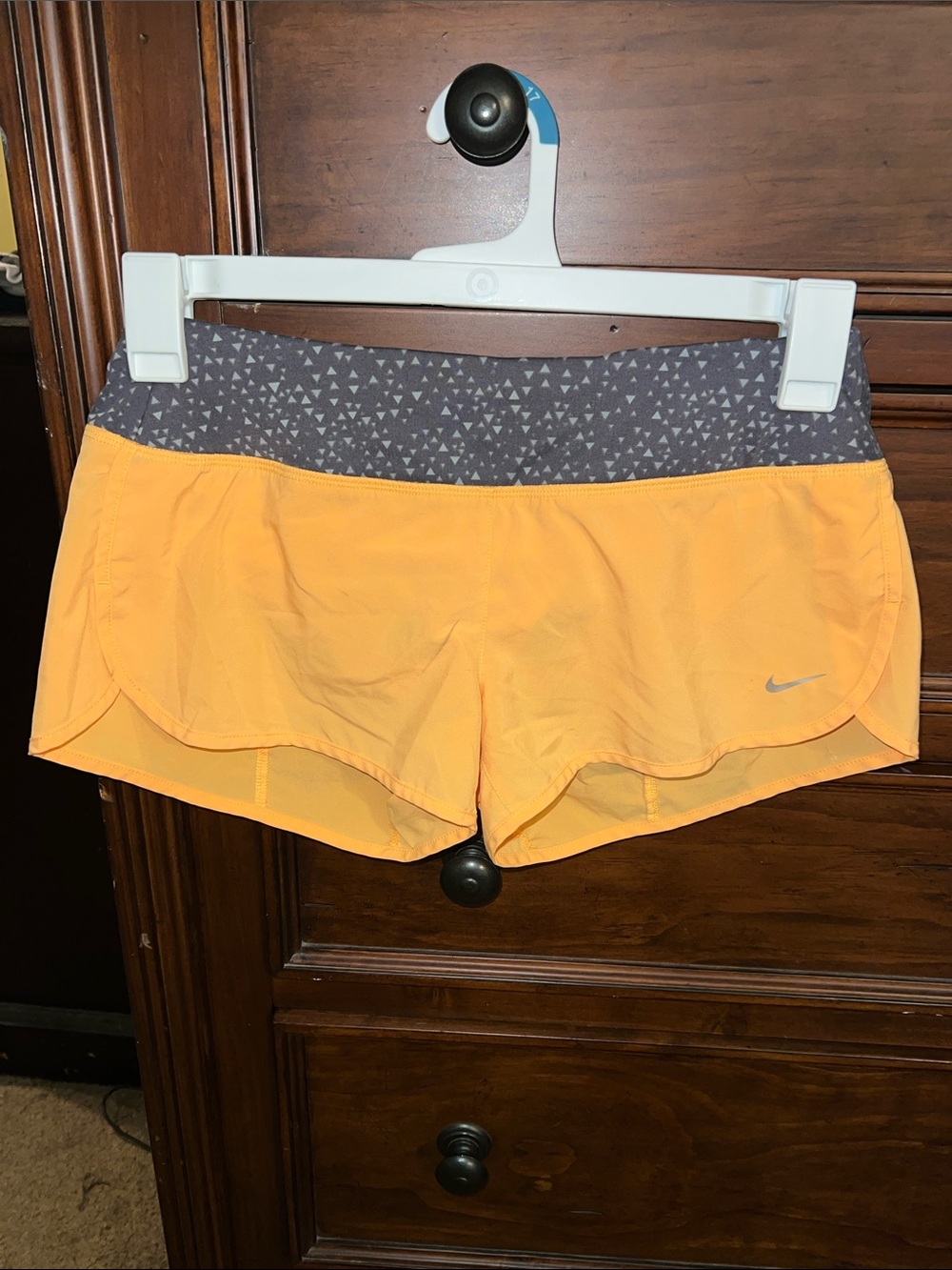 Nike Women's Orange Running Shorts with Gray Patterned Waistband